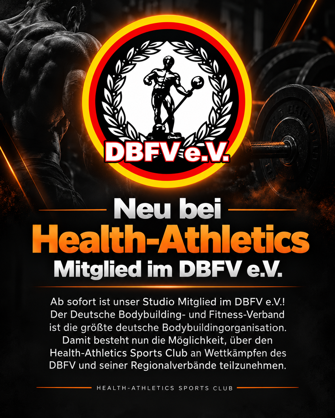 Flyer: Health-Athletics Sports Club ist Mitglied im DBFV e.V., Deutscher Bodybuilding- und Fitness-Verband.